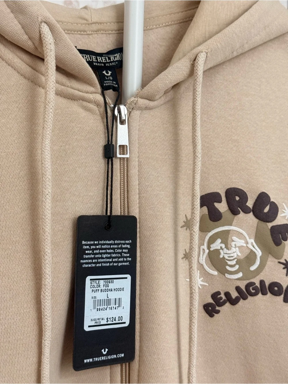 True Religion Men's Beige Graphic Crewneck Hoodie with Back Logo